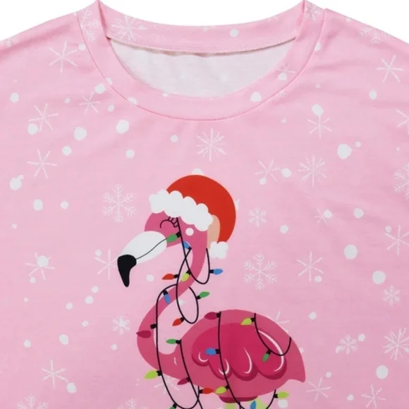 Holiday Lights Flamingo Print Long Sleeve Pullover Tee Sweater lightweight - Picture 7 of 7